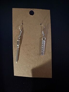 Silver Tool Charm Dangle Earrings - Ruler & Screwdriver